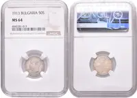 50 Stotinki 1913, KM.30, certifikace NGC, hodnocení MS 64, luxusní zachovalost — 2