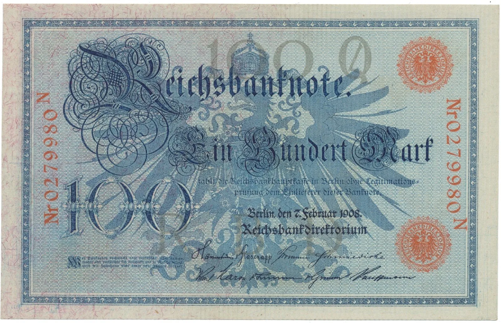 Německo, 100 Mark 1908, červený číslovač 29 mm, Ro.33b