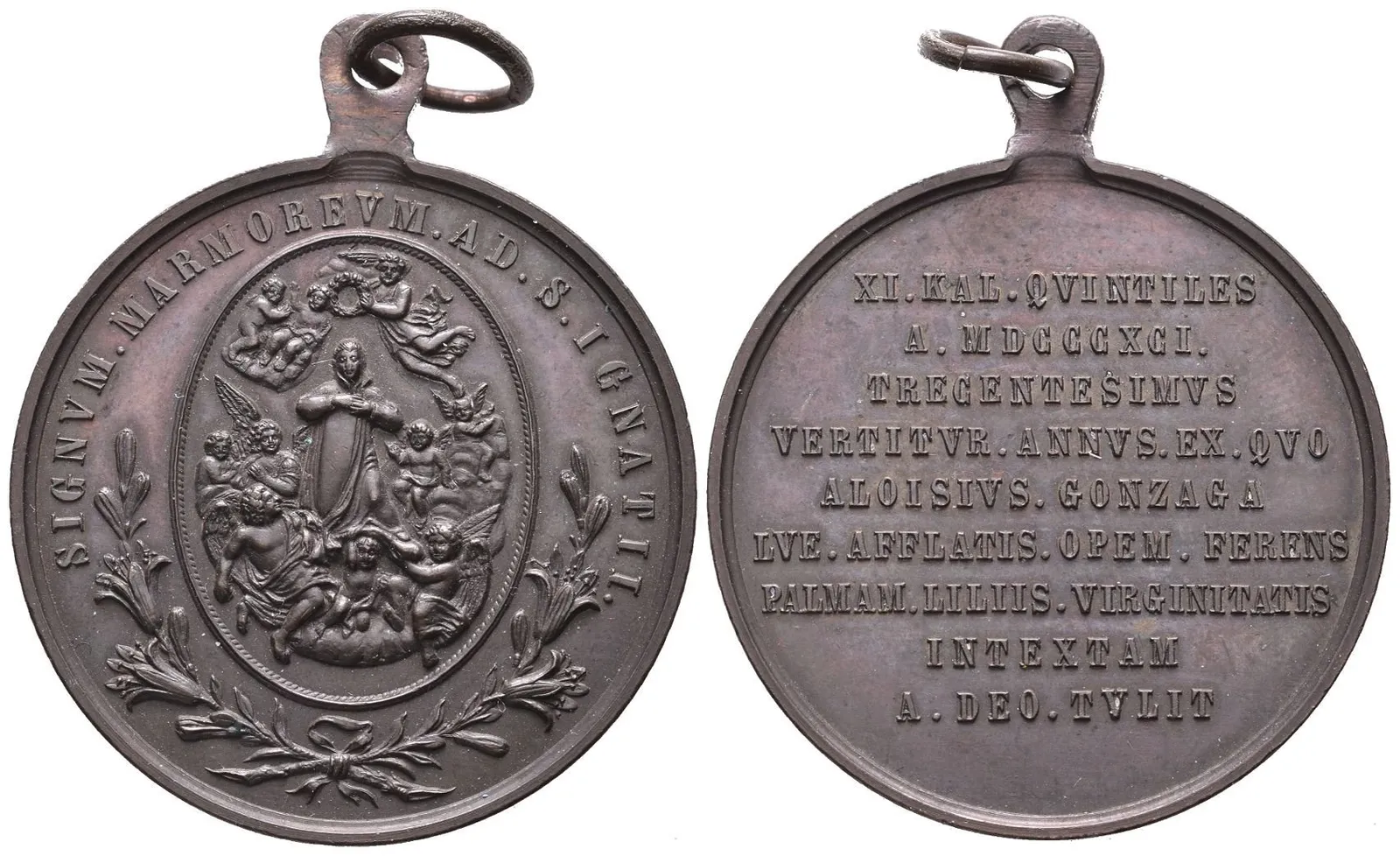 AE Medaile 1891 - K 300. výročí úmrtí sv. Aloyse Gonzaga. Bronz 41 mm, — 1