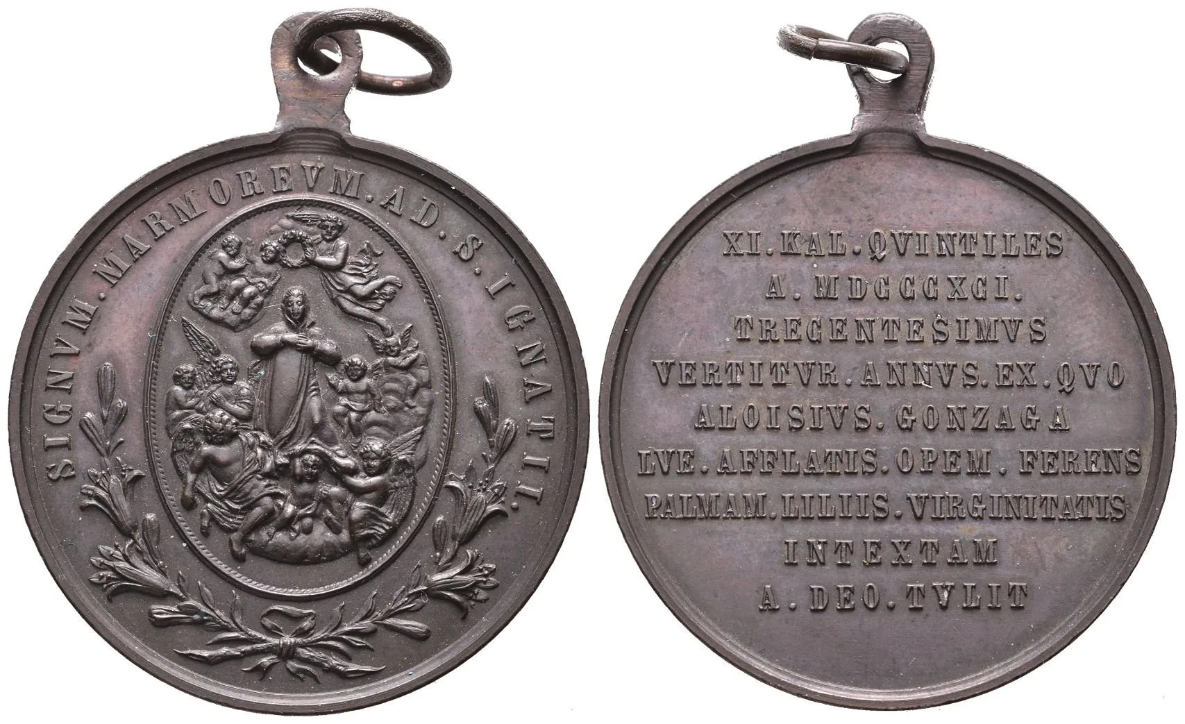 AE Medaile 1891 - K 300. výročí úmrtí sv. Aloyse Gonzaga. Bronz 41 mm, — 1
