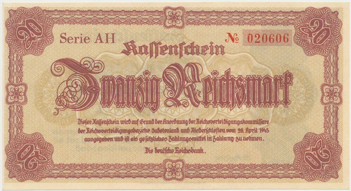 Reichenberg (Liberec) - Deutsche Reichsbank, 20 K  28. 4. 1945, série AH, HH.188.1.1a