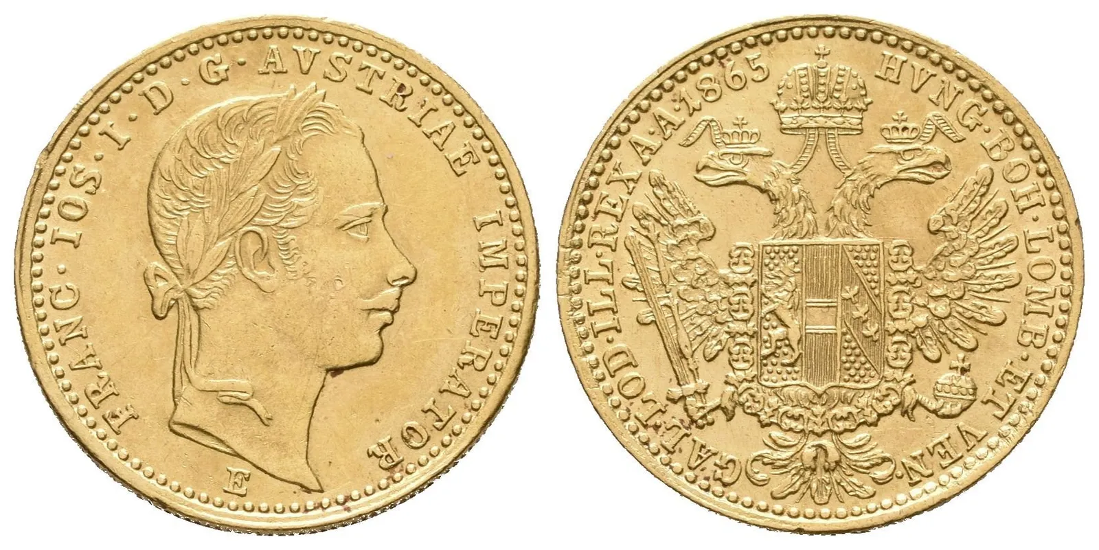 Dukát 1865 E, pěkná zachovalost, zbytky lesku, rysky a drobné hranky — 1