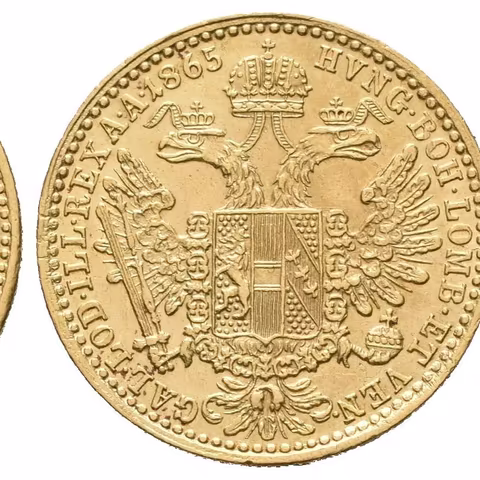 Dukát 1865 E, pěkná zachovalost, zbytky lesku, rysky a drobné hranky