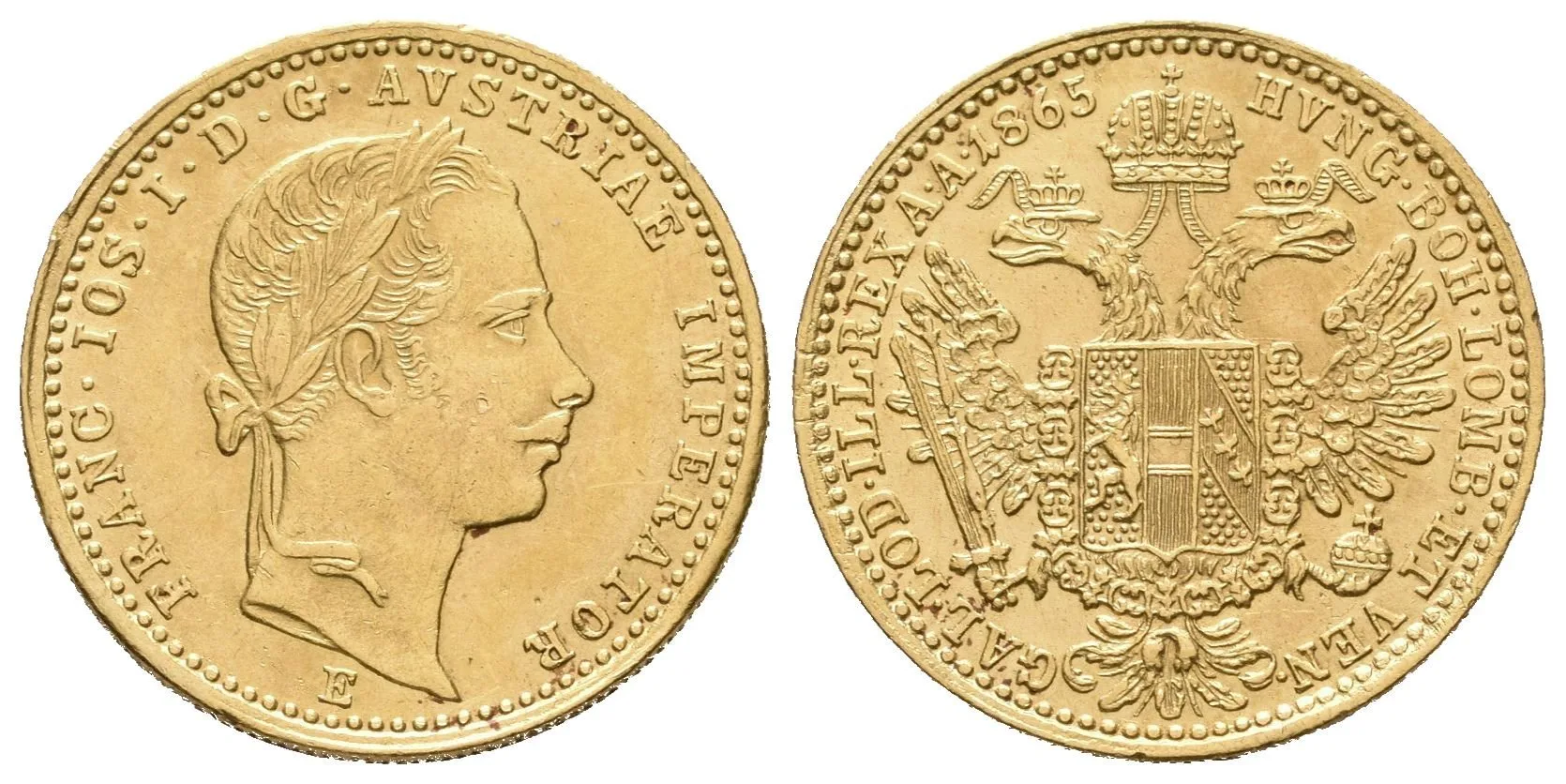 Dukát 1865 E, pěkná zachovalost, zbytky lesku, rysky a drobné hranky — 1