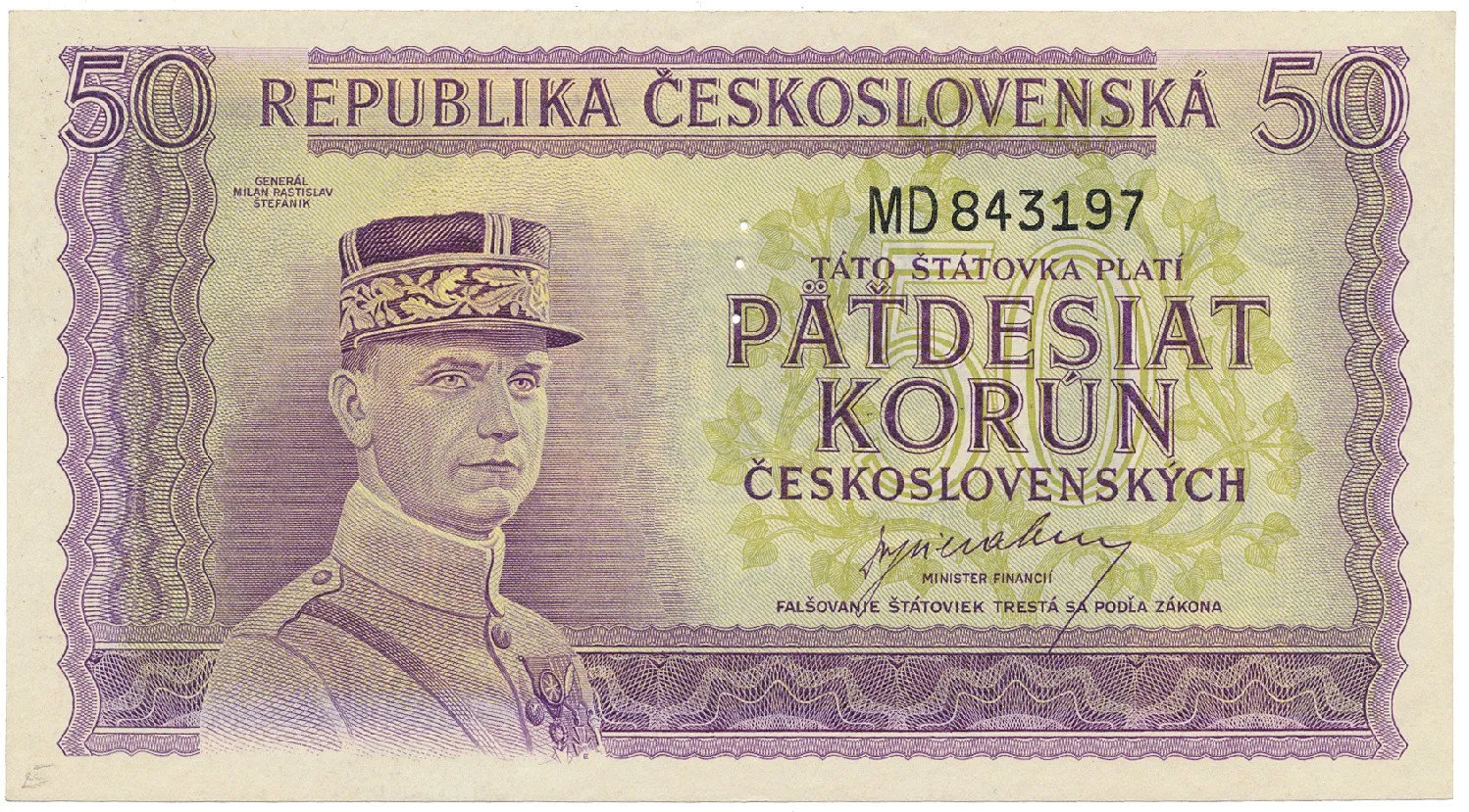 Československo, 50 Koruna b.d. (1945), perforace 3 md svisle, Hej.73a.S1
