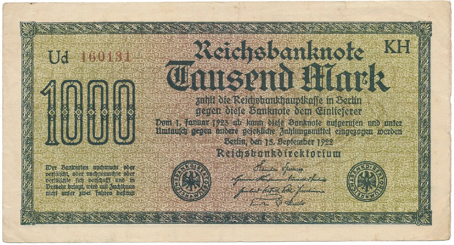 Německo, 1000 Mark 1922, vod. Mäander, hnědé 6-místné číslo, Ro.75i