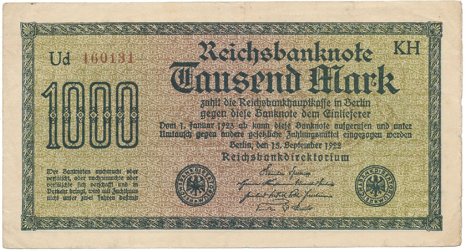 Německo, 1000 Mark 1922, vod. Mäander, hnědé 6-místné číslo, Ro.75i