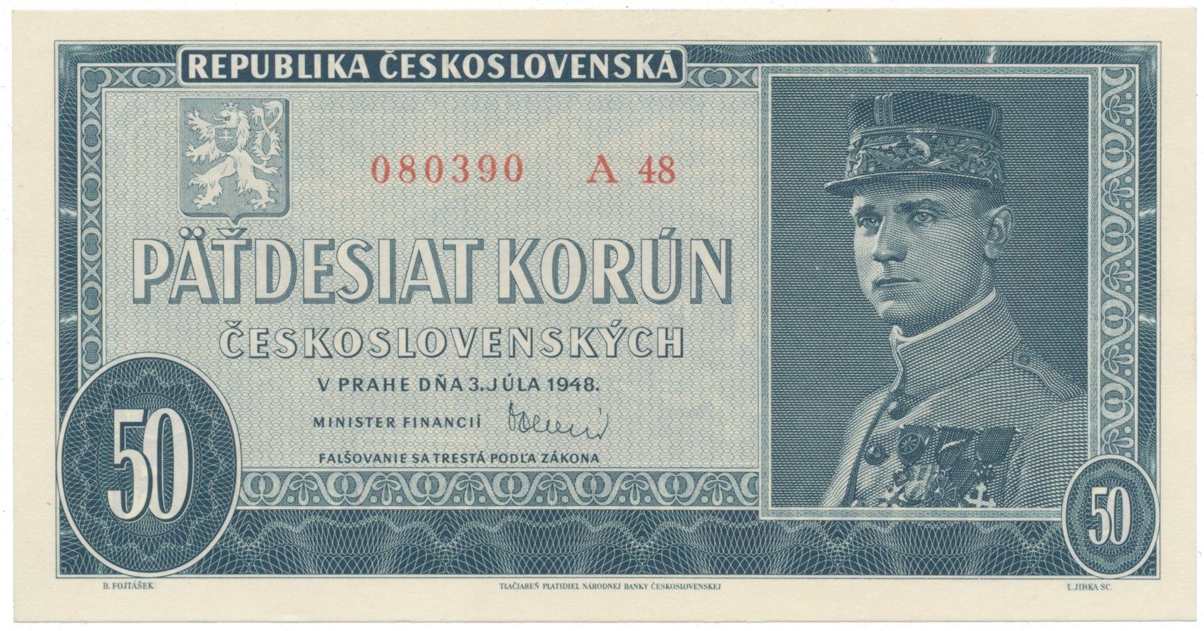 50 Koruna 1948, série A 48, Hej.82b