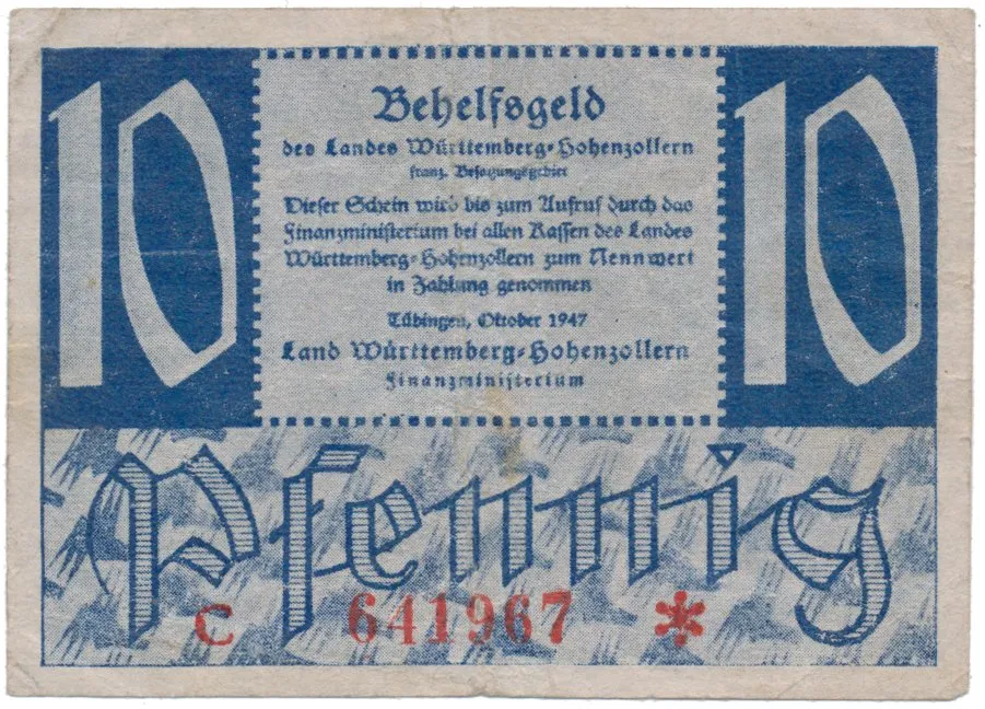 Německo - francouzská okupační zóna, Württemberg, 10 Pfennig 1947, Ros.215b