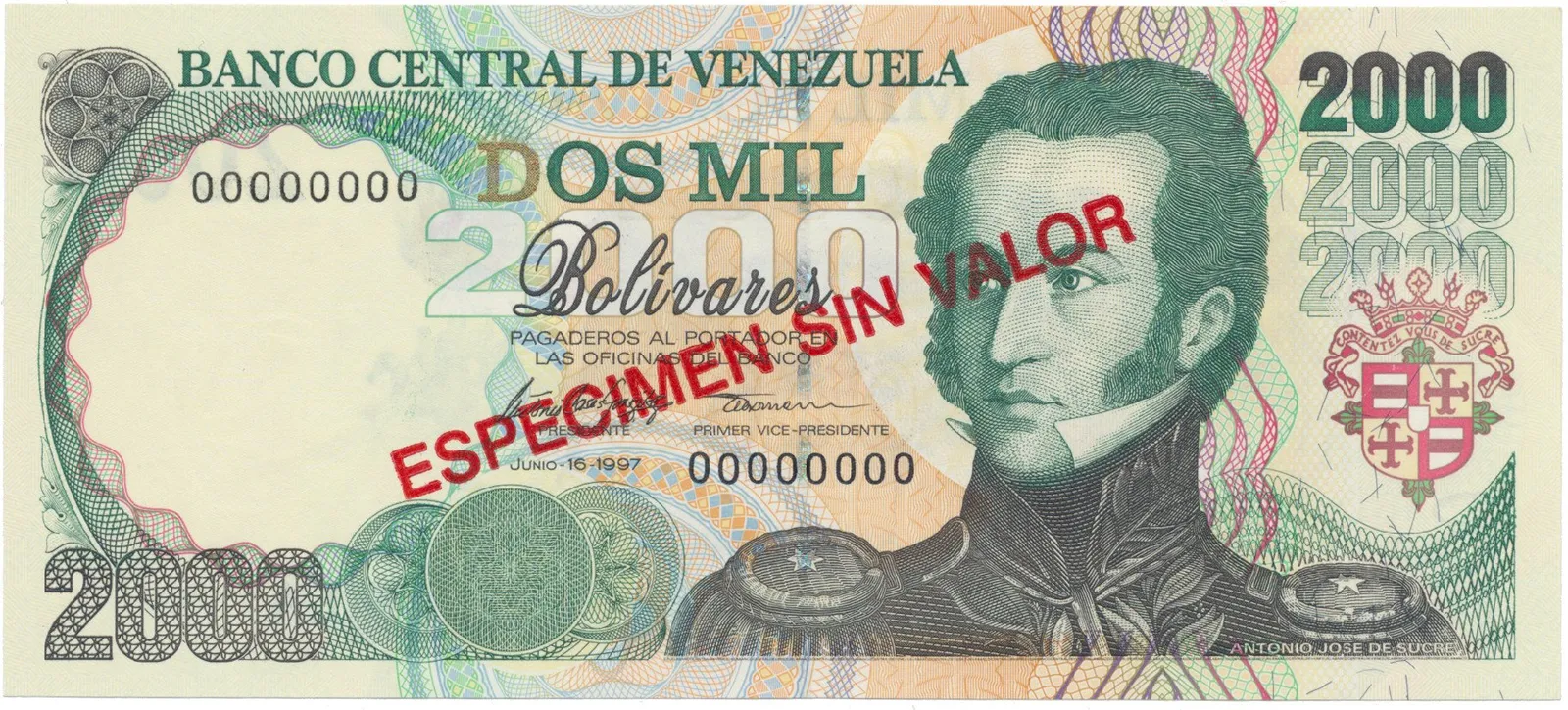 Venezuela, 2000 Bolivares 1997, anulát - ESPECIMEN SIN VALOR, P.77as