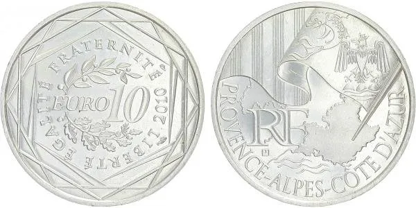 10 Euro 2010 - Provence - Alpes - Cote D'Azur - Ag 0,900, 29 mm (10 g)
