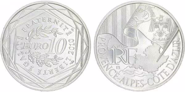 10 Euro 2010 - Provence - Alpes - Cote D'Azur - Ag 0,900, 29 mm (10 g)