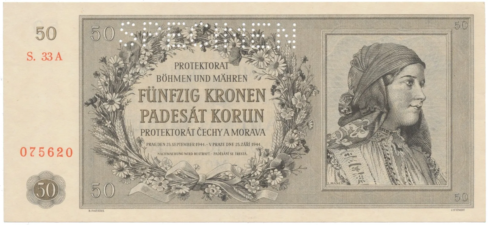 50 Koruna 1944, SPECIMEN, Hej.42a.S1