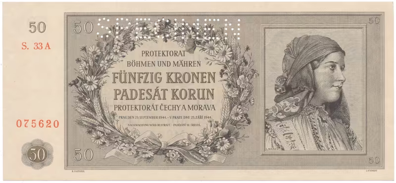 50 Koruna 1944, SPECIMEN, Hej.42a.S1