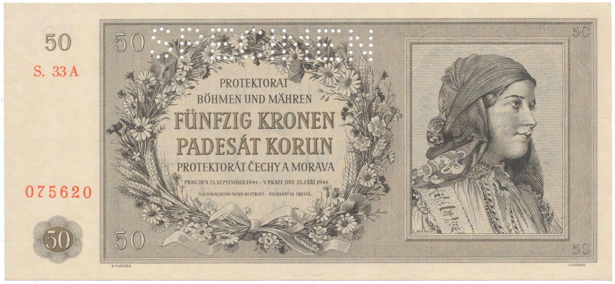 50 Koruna 1944, SPECIMEN, Hej.42a.S1