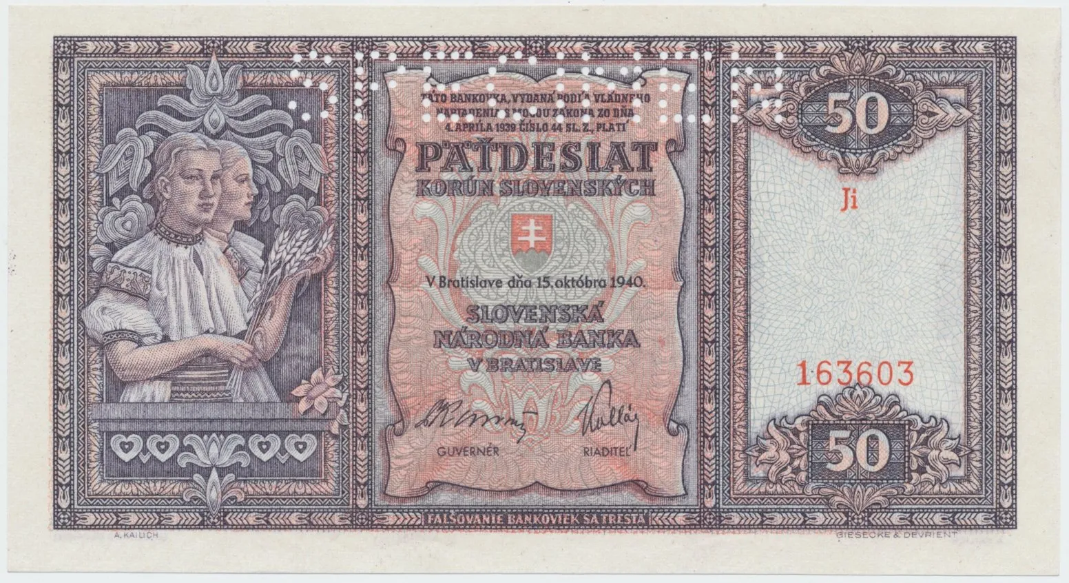 50 Koruna 1940, I. vydání, série Gl, Ji, Hej.50a.S1