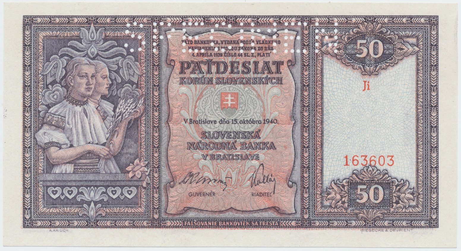 50 Koruna 1940, I. vydání, série Gl, Ji, Hej.50a.S1