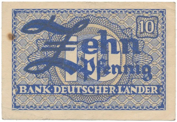 Německo - NSR, 10 Pfennig (1948), chybotisk v ornamentu, Ros.251b