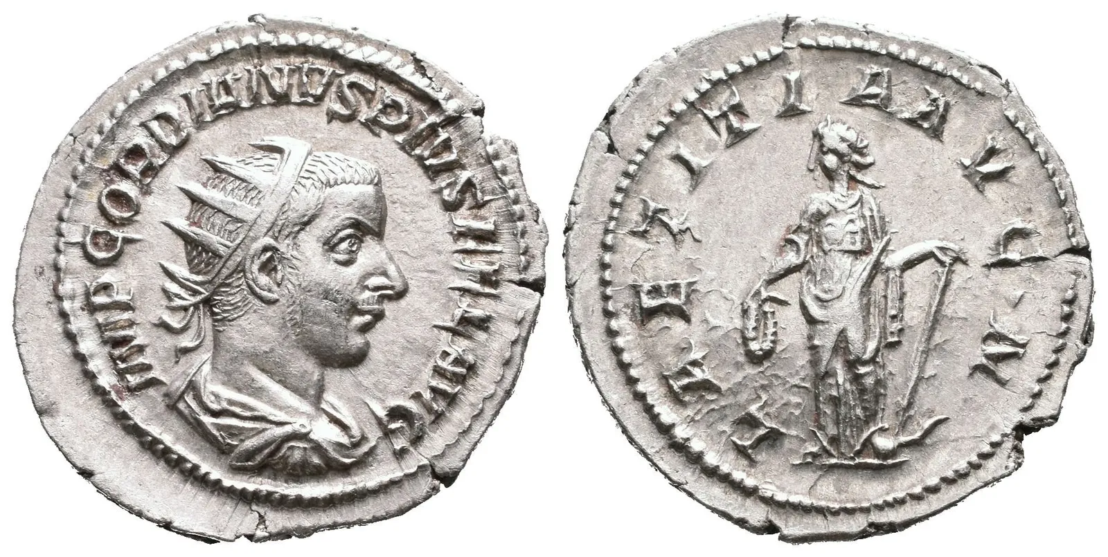 Antoninian, 241 - 243, Rv: LAETITIA AVG N, stojící Laetitia zleva drží věnec a kotvu, — 1