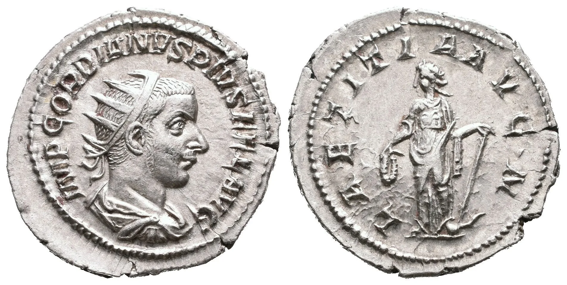 Antoninian, 241 - 243, Rv: LAETITIA AVG N, stojící Laetitia zleva drží věnec a kotvu, — 1