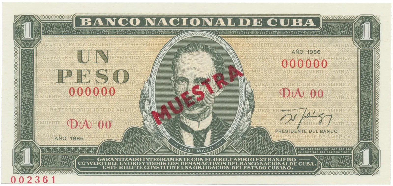 Kuba, 1 Peso 1986, tisk STC Praha, anulát - MUESTRA, bankovní vzor, P.102cs2
