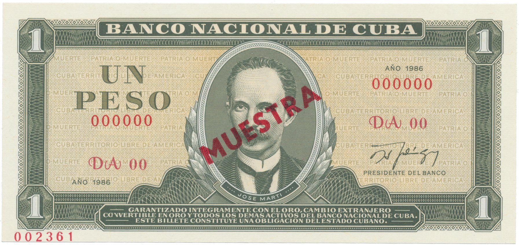Kuba, 1 Peso 1986, tisk STC Praha, anulát - MUESTRA, bankovní vzor, P.102cs2