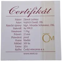 Medaile 2011 (Dostál) - Zámek Lednice. Au 0,999, 22 mm (7,78 g), kapsle, certifikát, — 2