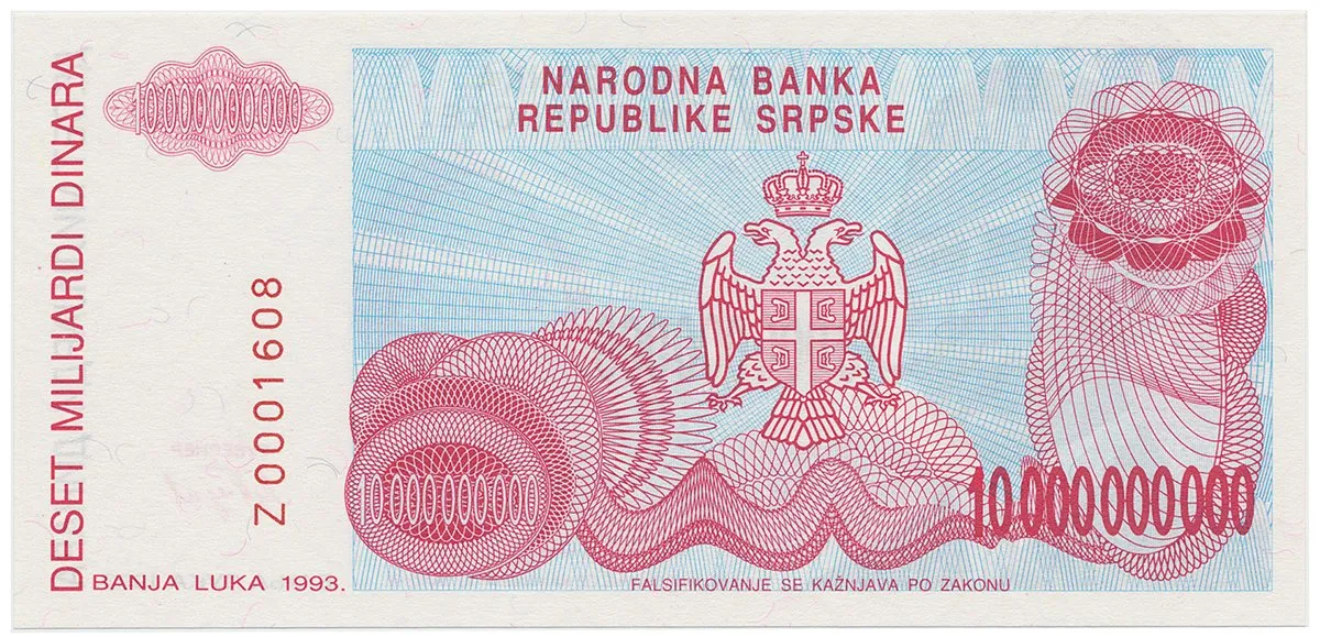 Bosna a Hercegovina, 10 Milijardi Dinara 1993, nevydaná, náhradní série Z, P.156a