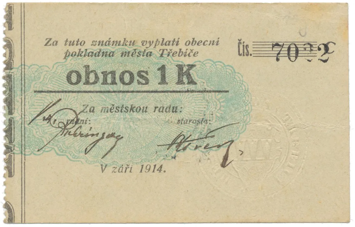 Třebíč - město, 1 K září 1914, silnější K, ručně "Vz", HH.223.5.10s1