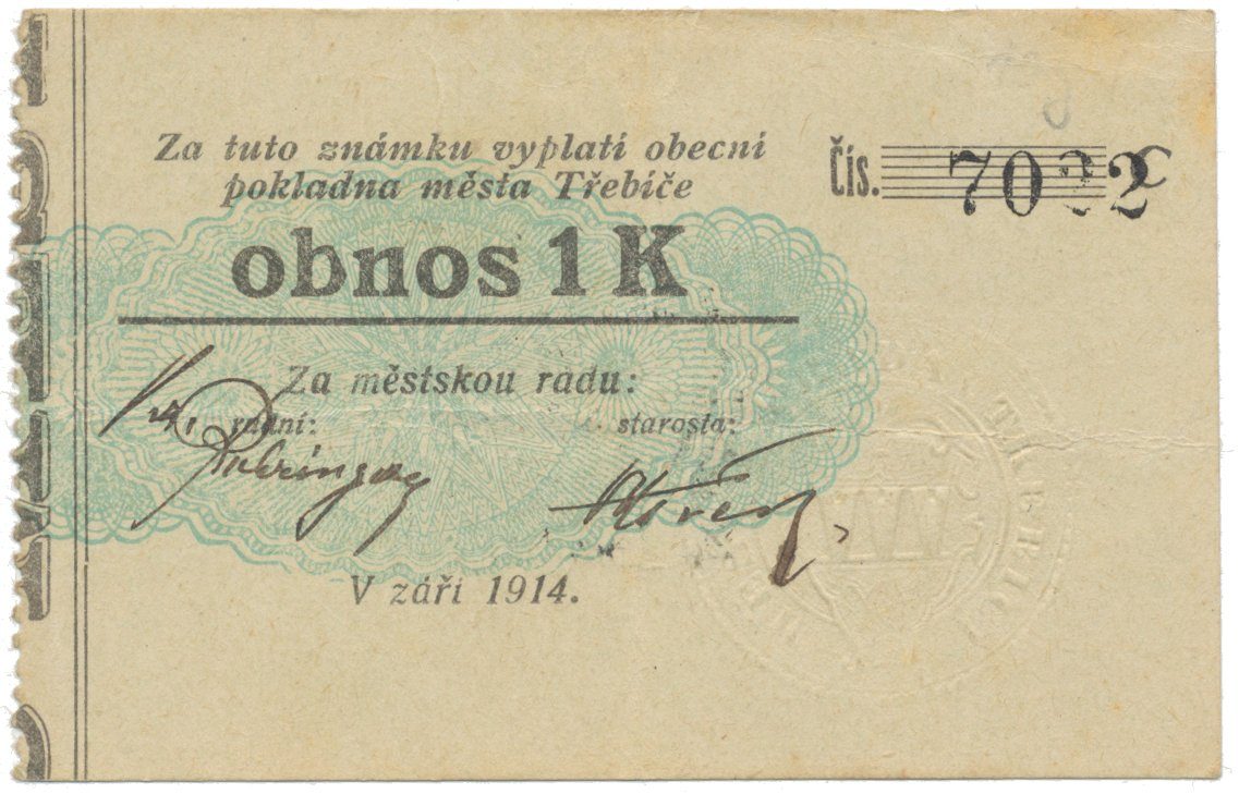 Třebíč - město, 1 K září 1914, silnější K, ručně "Vz", HH.223.5.10s1