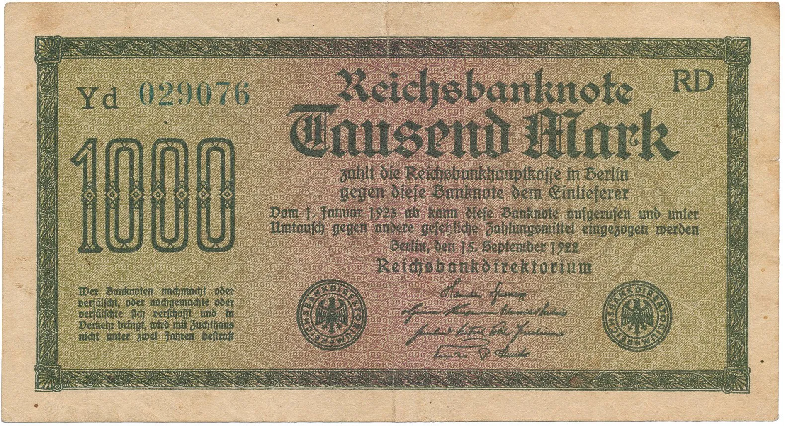 Německo, 1000 Mark 1922, vod. Gitter, zelené 6-místné číslo, Ro.75m