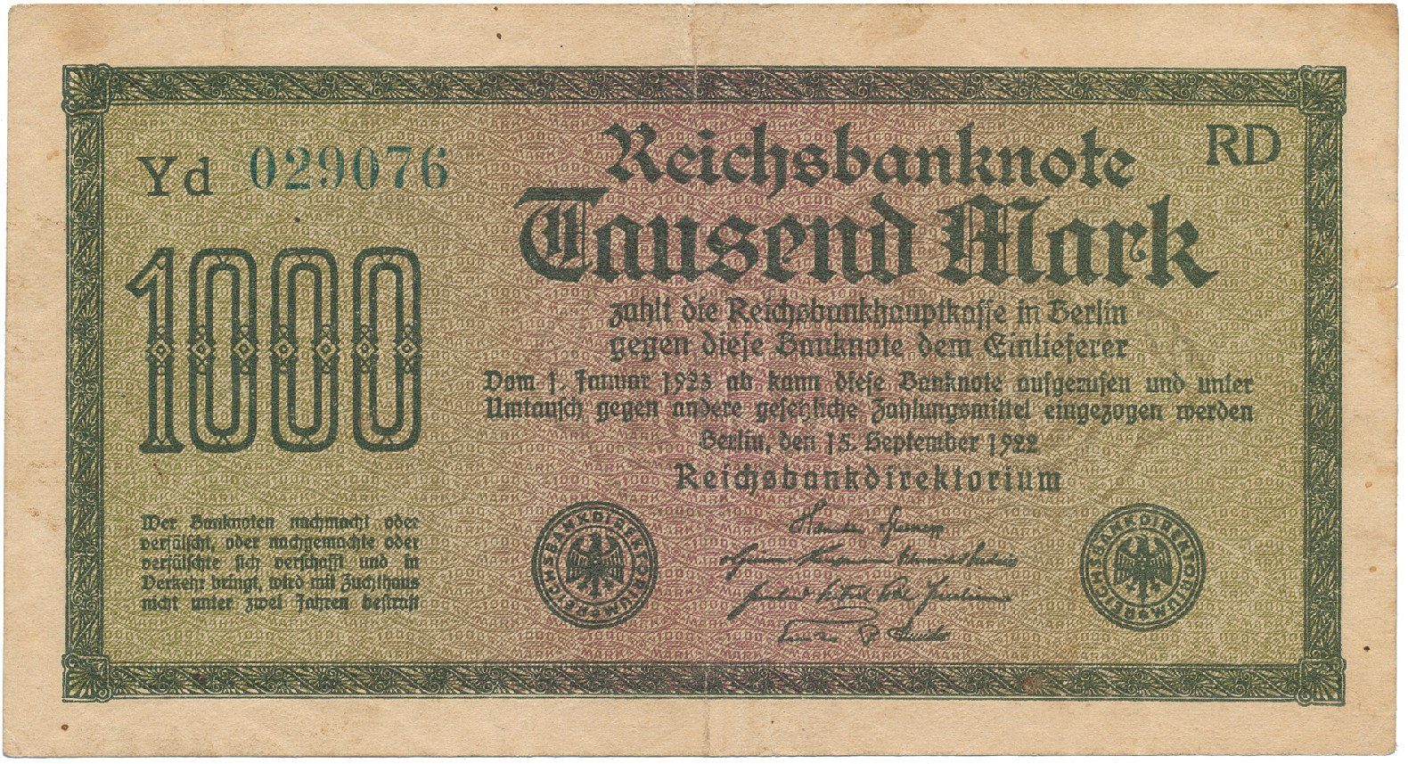 Německo, 1000 Mark 1922, vod. Gitter, zelené 6-místné číslo, Ro.75m