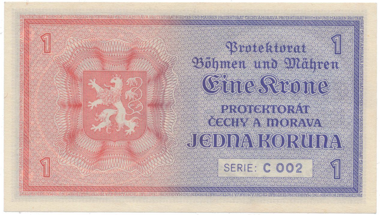 Protektorát Čechy a Morava, 1 Koruna b.d. (1940), tisk TB NBČM, série C, Hej.30aC