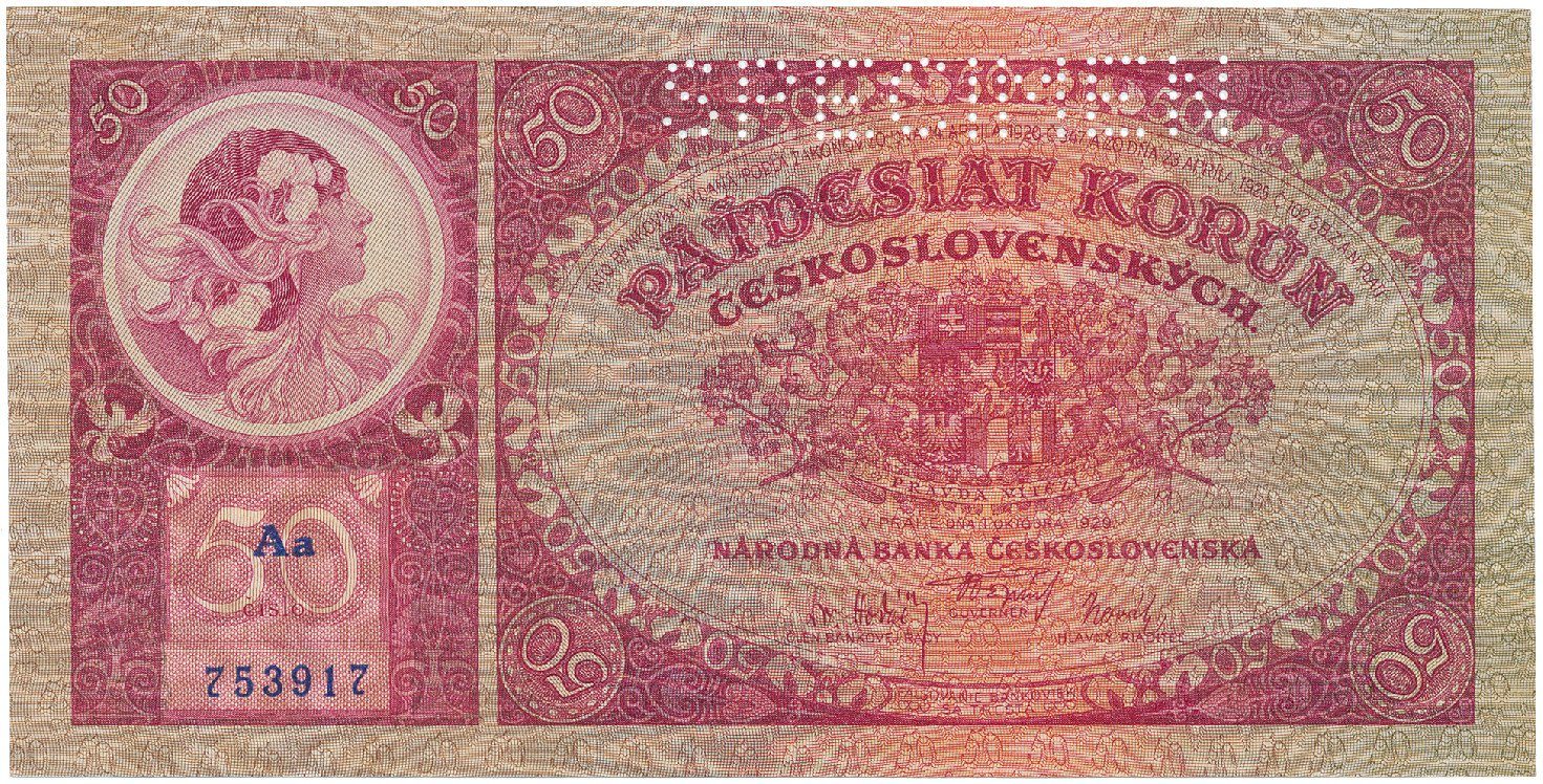 Československo, 50 Koruna 1929, první série Aa, tisk TB NBČS, perf. 1x SPECIMEN, Hej.24b.S1