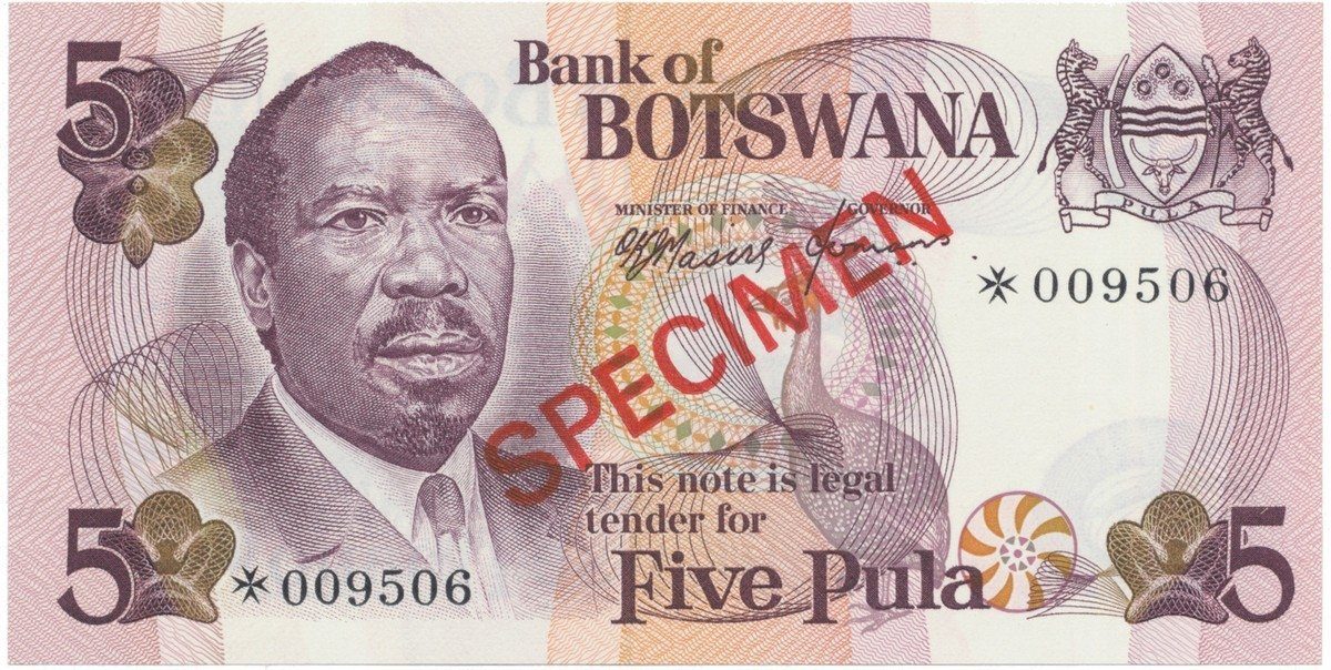Botswana, 5 Pula (1976), SPECIMEN, P.3cs