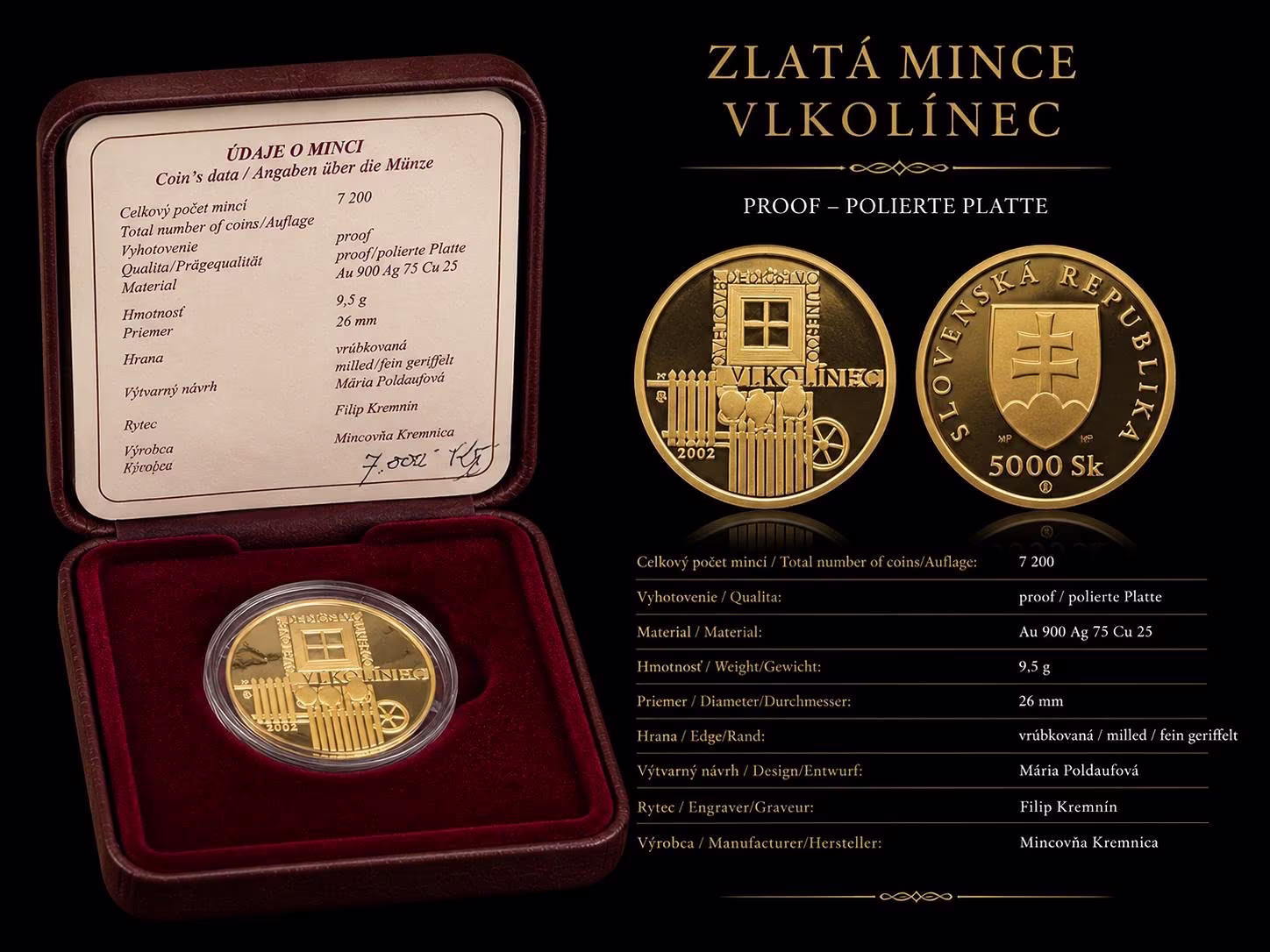 Zlatá mince Vlkolínec (Slovensko) - 5000 Sk (2002)