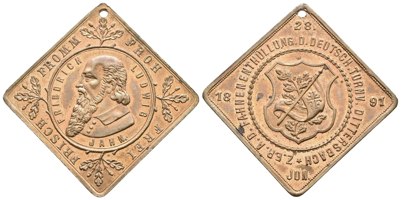 AE Medaile 1891 - K vysvěcení praporu spolku Turnerů. Ms 27 x 27 mm, dobová — 1