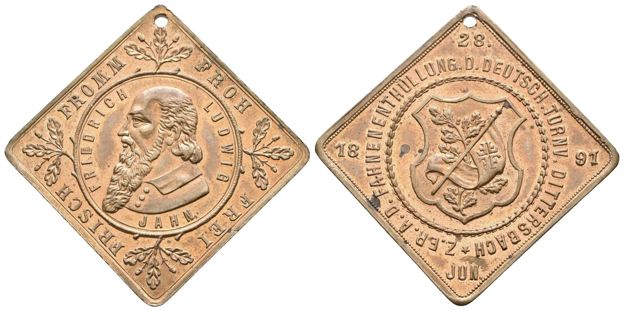 AE Medaile 1891 - K vysvěcení praporu spolku Turnerů. Ms 27 x 27 mm, dobová — 1