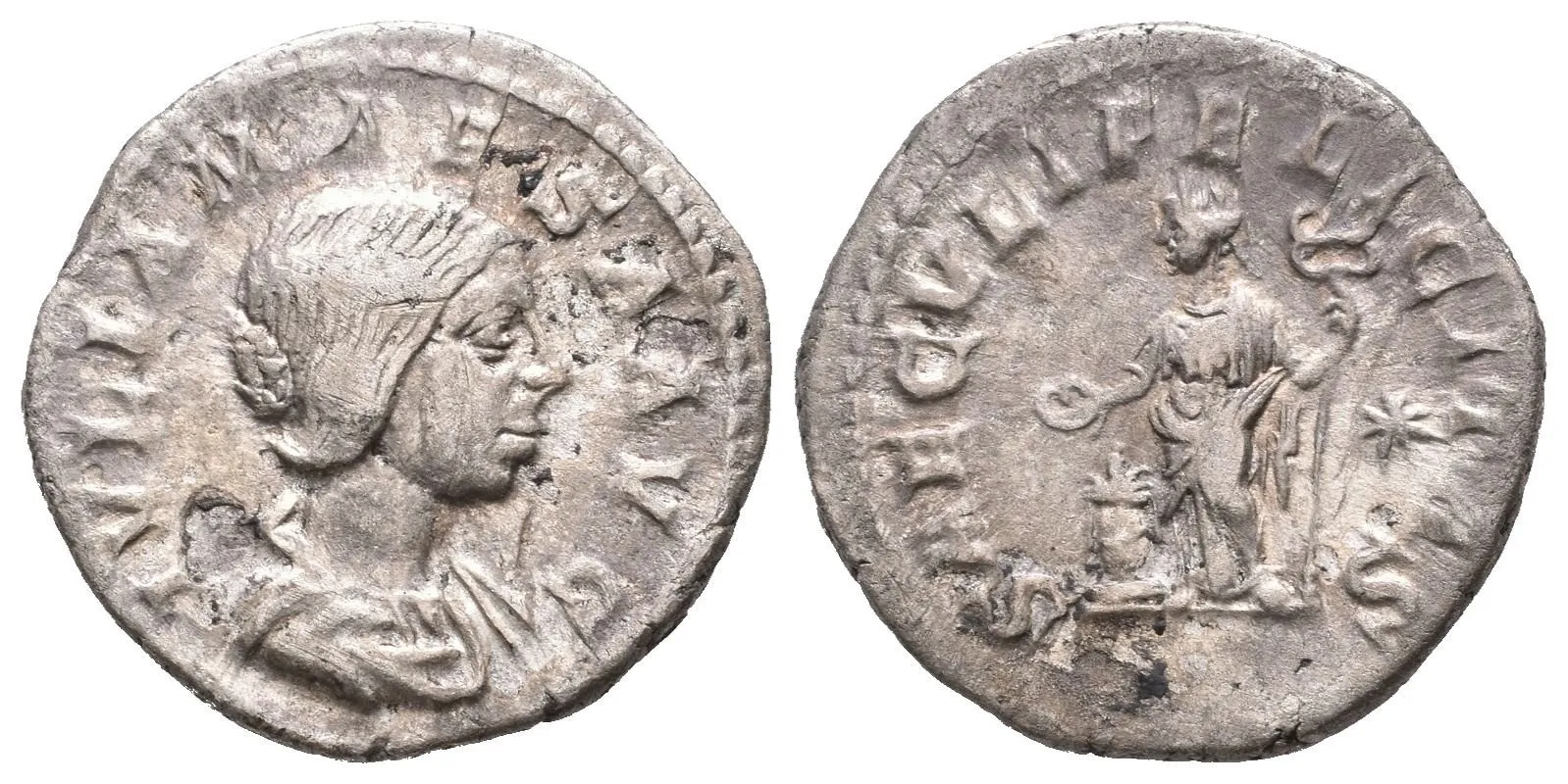 Denár, Rv: SAECVLI FELICITAS, stojící Felicitas zleva drží dlouhý caduceus a obětuje — 1