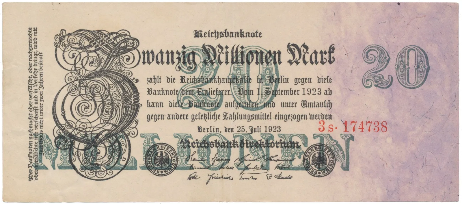 Německo, 20 Millionen Mark 1923, Ro.96b