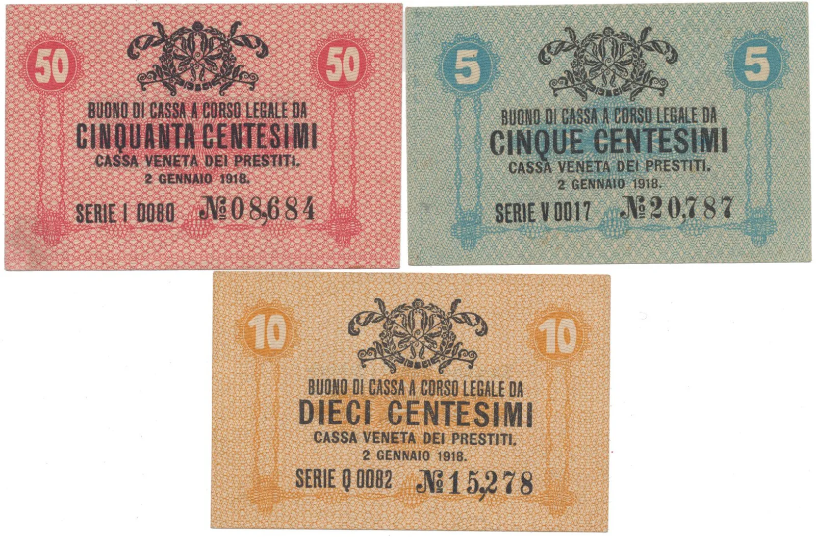 Itálie, 5+10+50 Centesimi 1918, P.M1+M2+M3