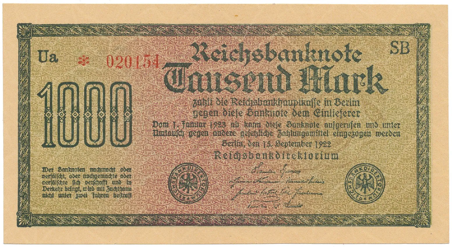 Německo, 1000 Mark 1922, vod. Dornen, Ro.75d