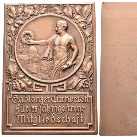 AE Plaketa b.l. (Pfeiffer) - Za 25-leté zásluhy v tělocvičné jednotě. Pat. bronz 80 x 56,5 mm