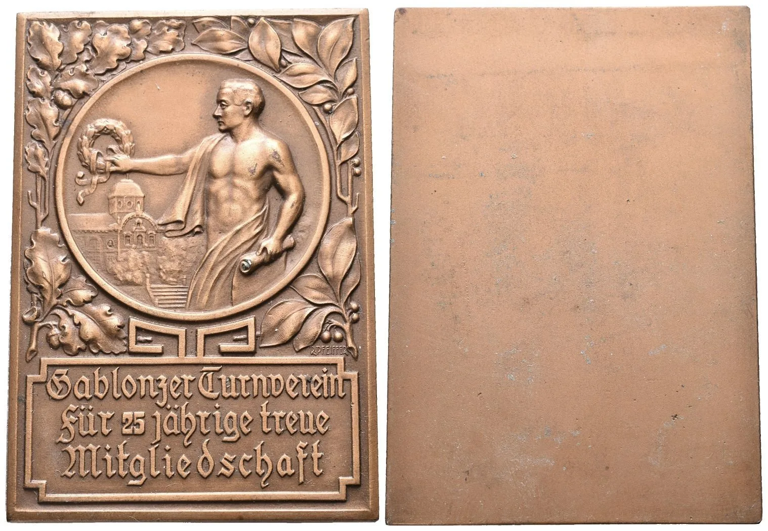 AE Plaketa b.l. (Pfeiffer) - Za 25-leté zásluhy v tělocvičné jednotě. Pat. bronz 80 x 56,5 mm — 1