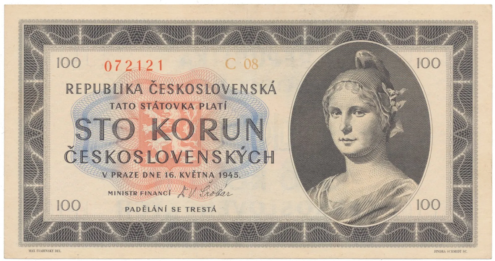 Československo, 100 Koruna 1945, série C, tisk Haase, neperforovaná, Hej.77bC