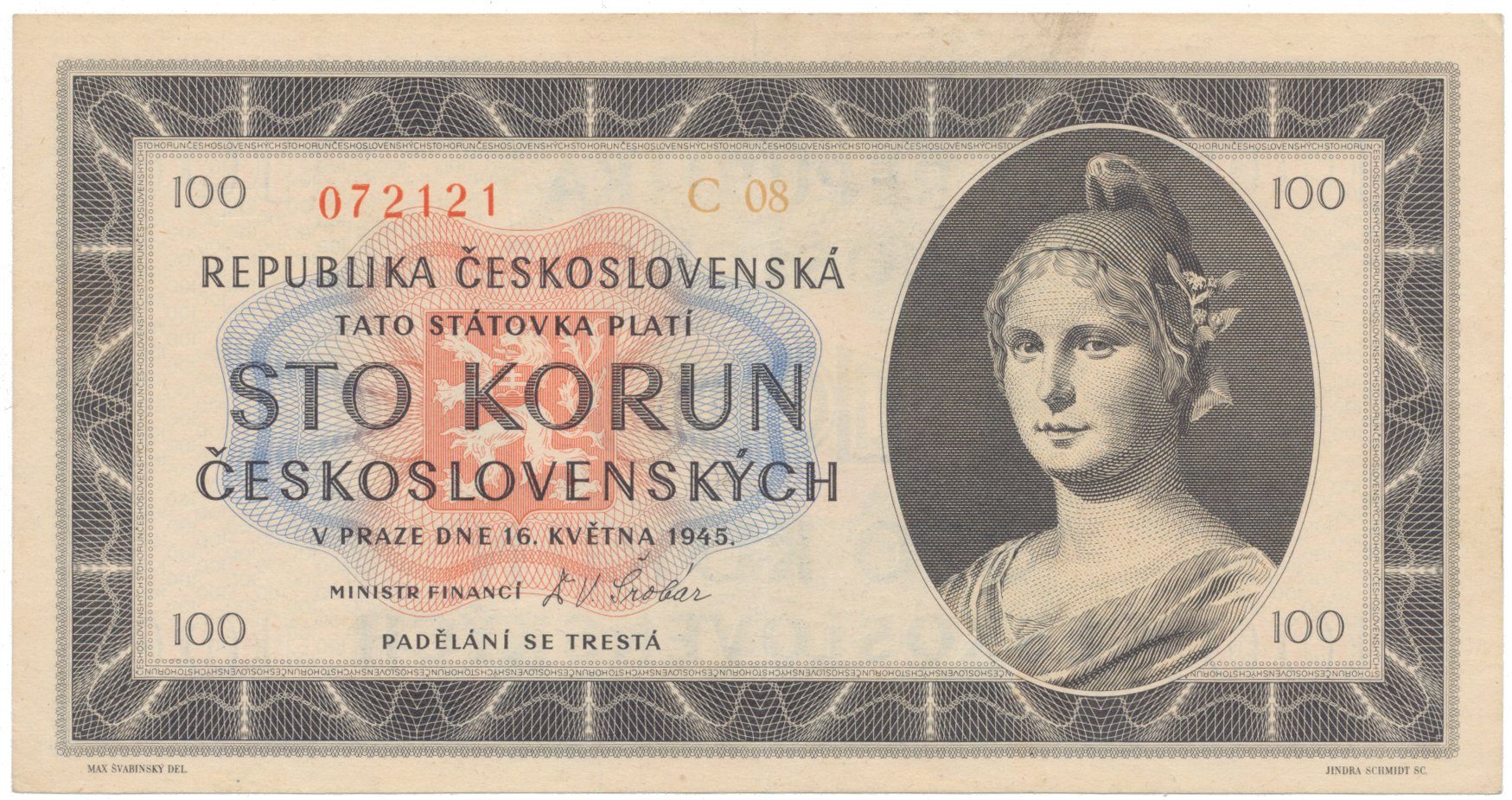 Československo, 100 Koruna 1945, série C, tisk Haase, neperforovaná, Hej.77bC