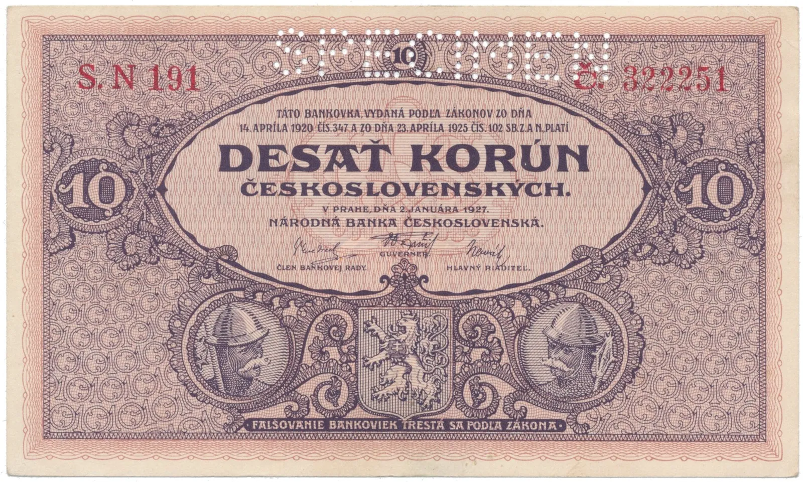 10 Koruna 1927, série N, SPECIMEN, Hej.22b.S1