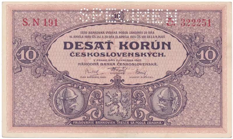 10 Koruna 1927, série N, SPECIMEN, Hej.22b.S1