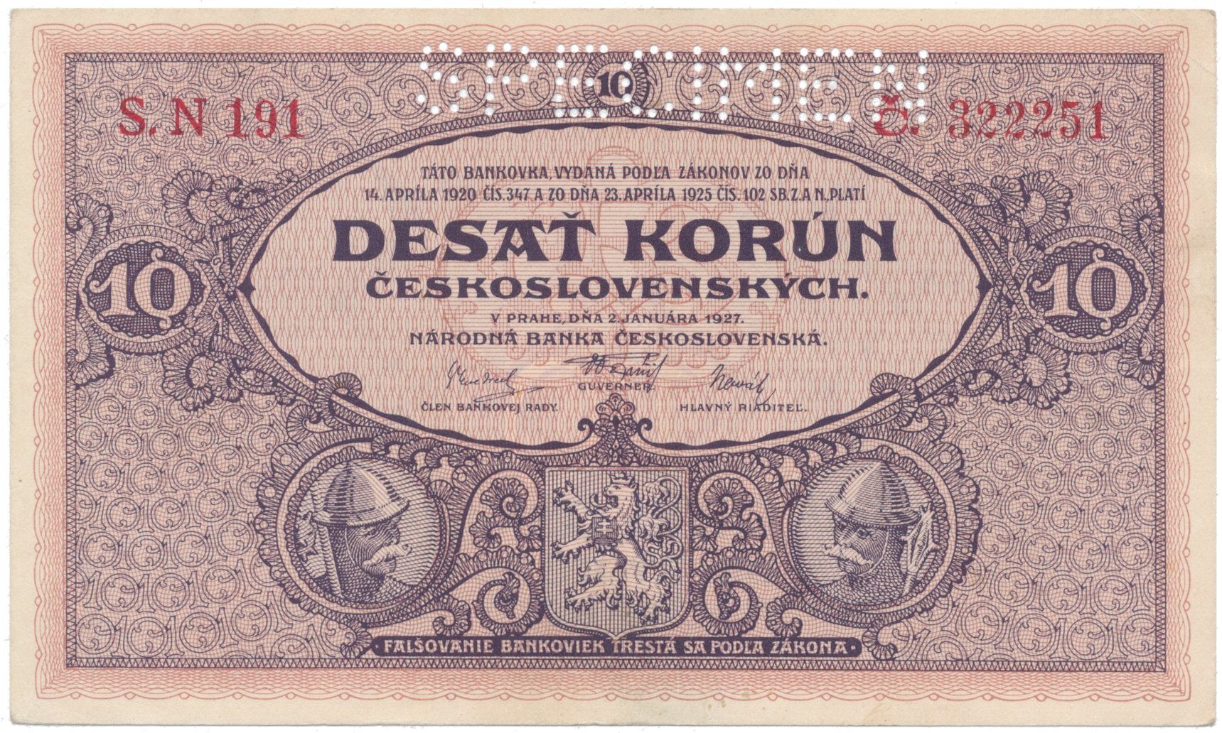 10 Koruna 1927, série N, SPECIMEN, Hej.22b.S1