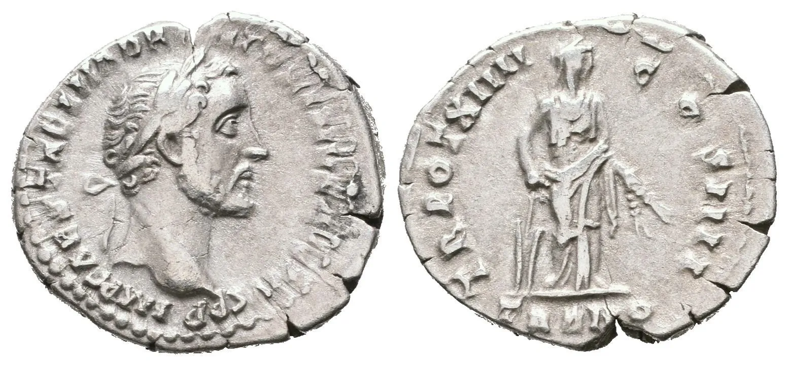 Denár, 150 - 151, Rv: TR POT XIII COS IIII, v ex. TRANQ, stojící — 1